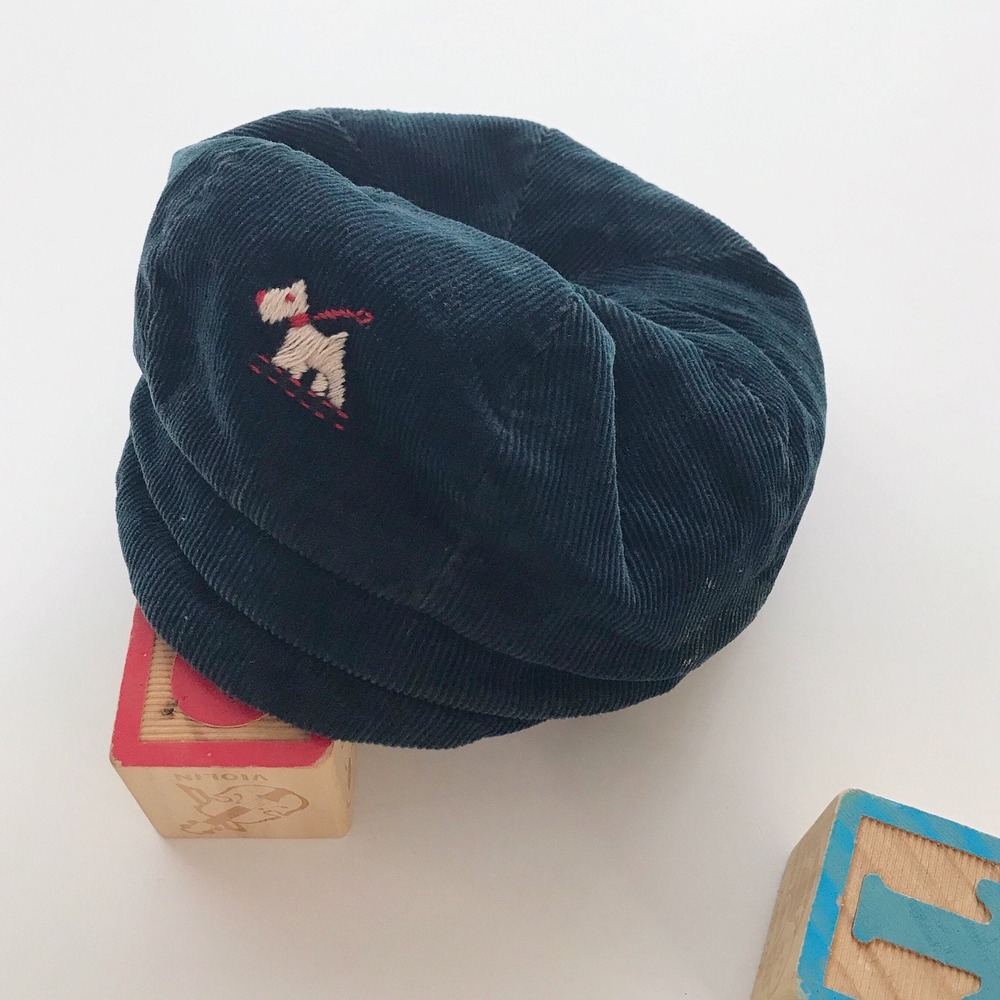 Vintage 50s Newsboy Cap Dark Blue Corduroy Embroidered‎ Dog Kids Flat Hat